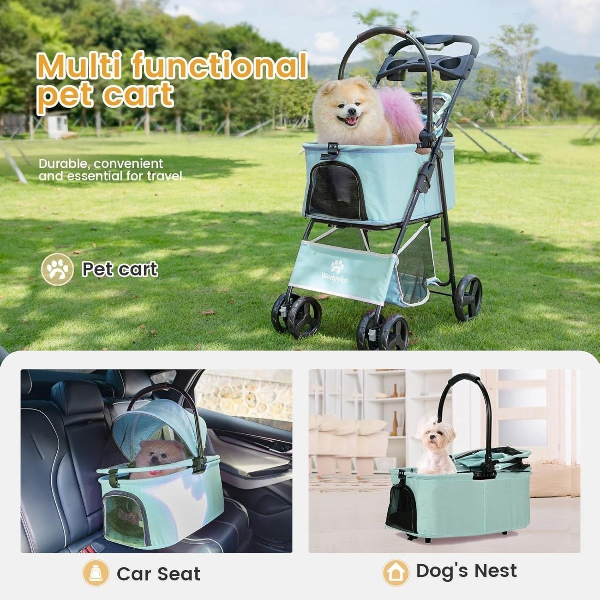 Teal Blue 2 in 1 Dog Stroller Foldable Pet Pushchair Jogger for Small Dogs - Kwikley