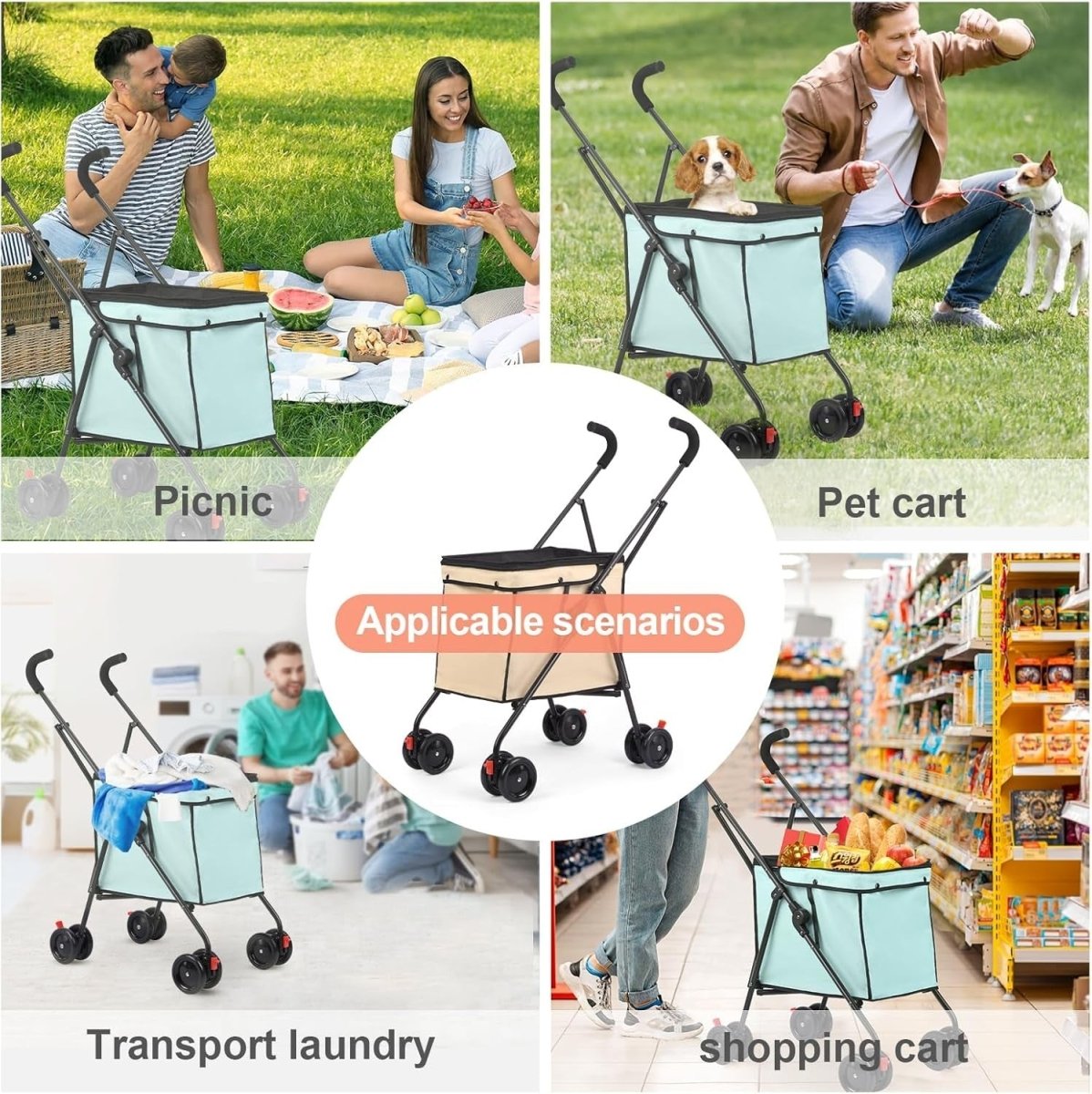 Teal Blue Foldable Pet Stroller Utility Cart 60lb Heavy Duty Wagon - Kwikley
