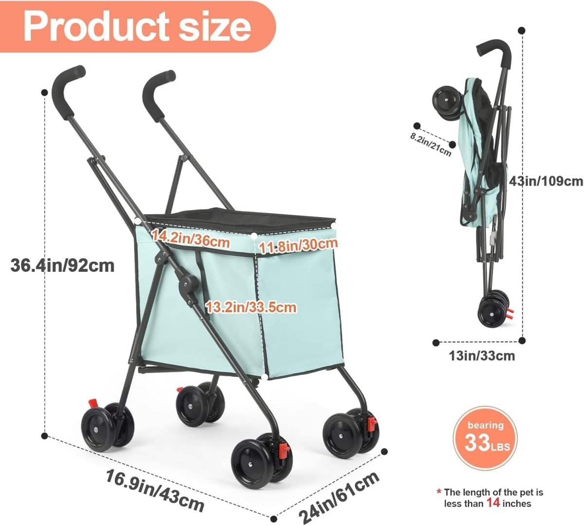 Teal Blue Foldable Pet Stroller Utility Cart 60lb Heavy Duty Wagon - Kwikley