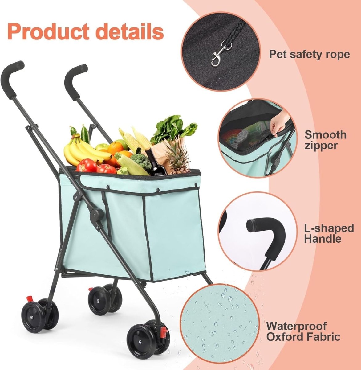 Teal Blue Foldable Pet Stroller Utility Cart 60lb Heavy Duty Wagon - Kwikley