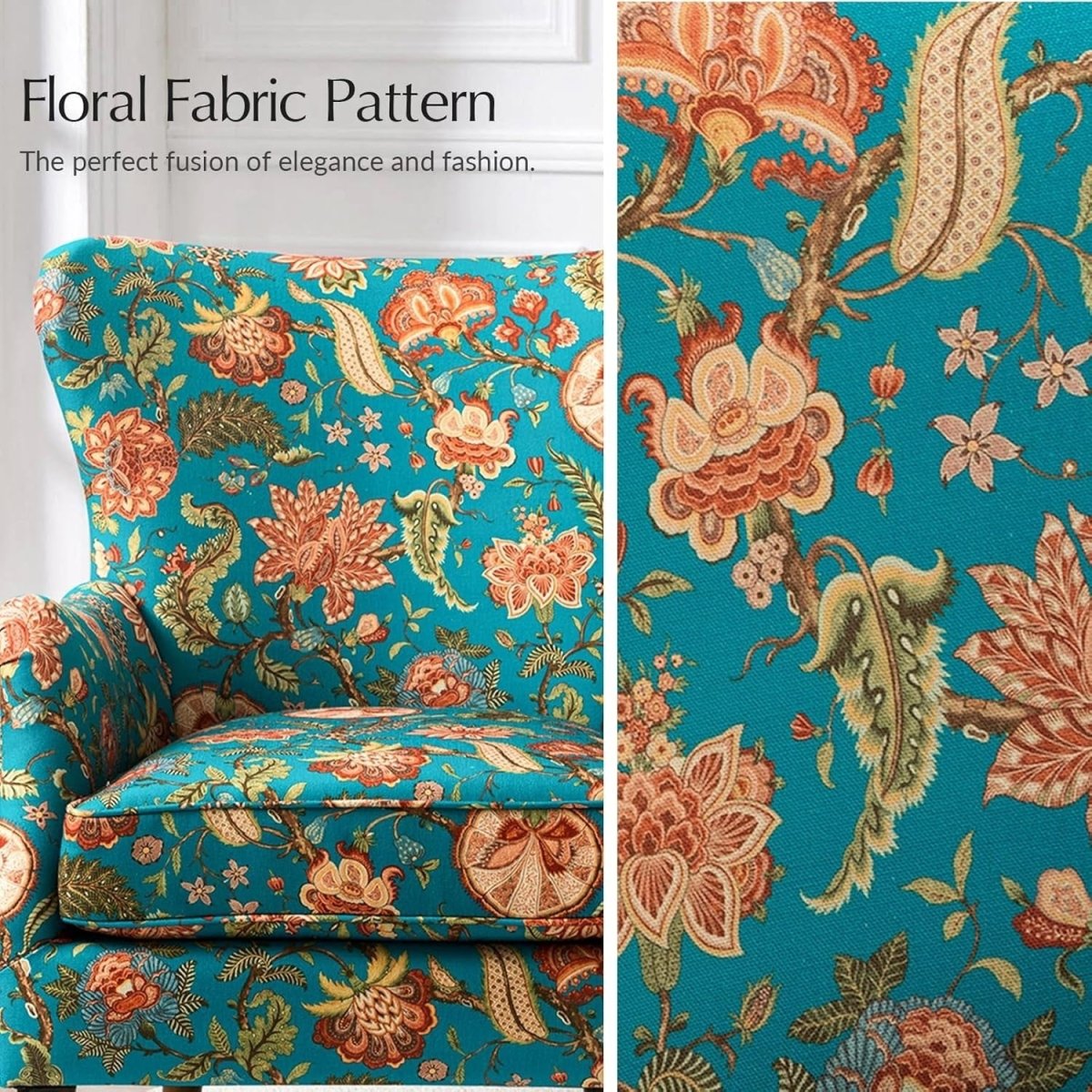 Teal Floral Wingback Armchairs Set of 2 – Classic Lounge Chairs - Kwikley