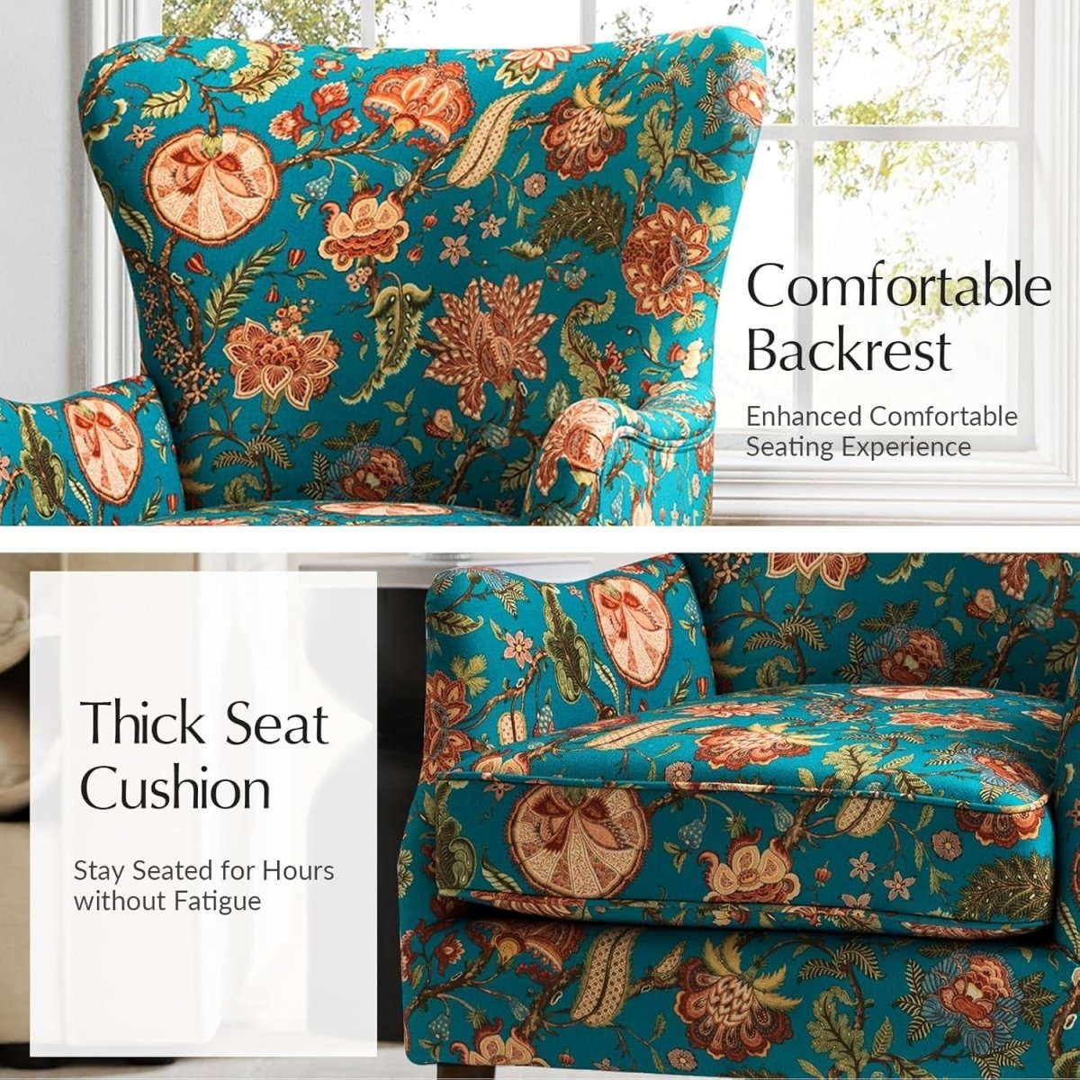 Teal Floral Wingback Armchairs Set of 2 – Classic Lounge Chairs - Kwikley