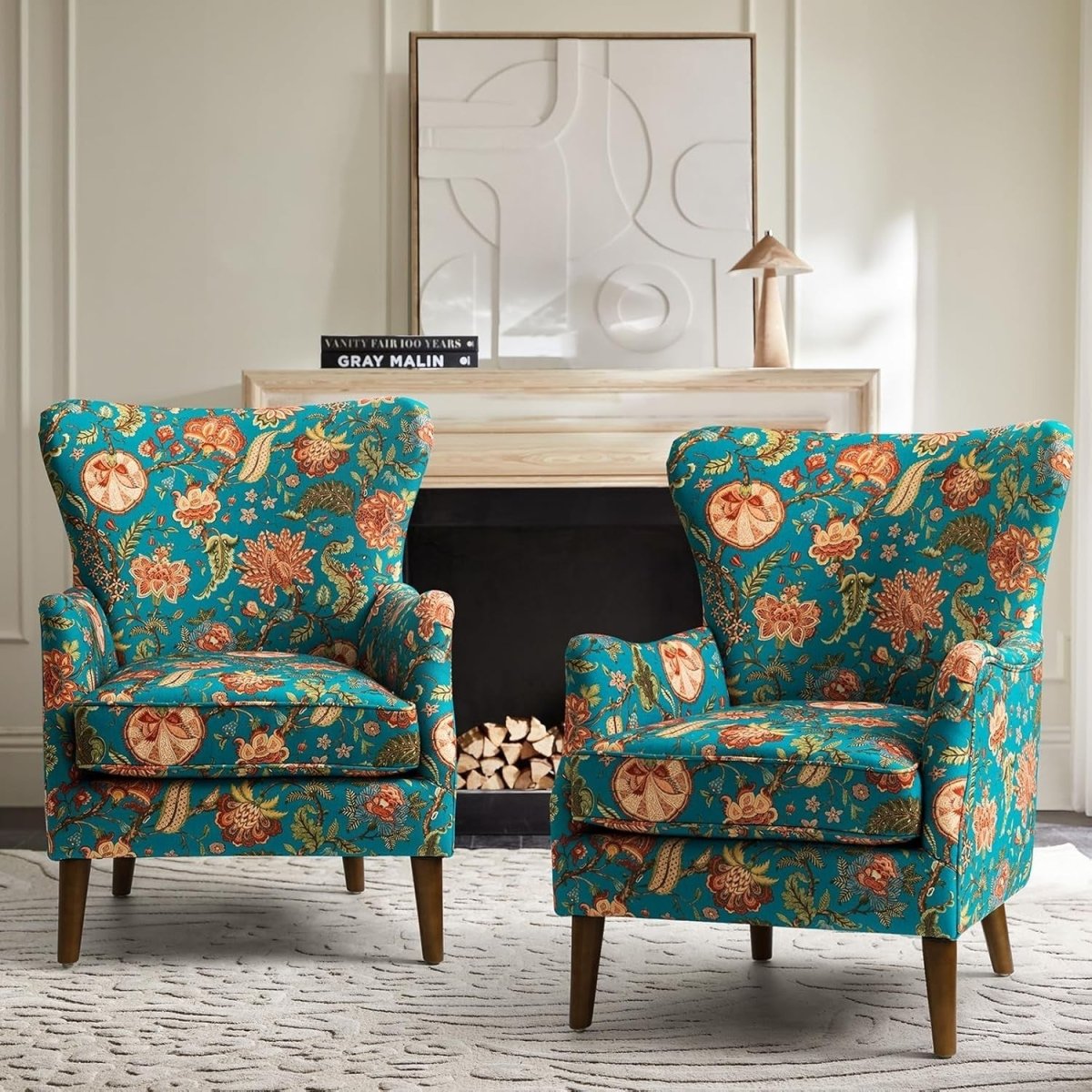 Teal Floral Wingback Armchairs Set of 2 – Classic Lounge Chairs - Kwikley