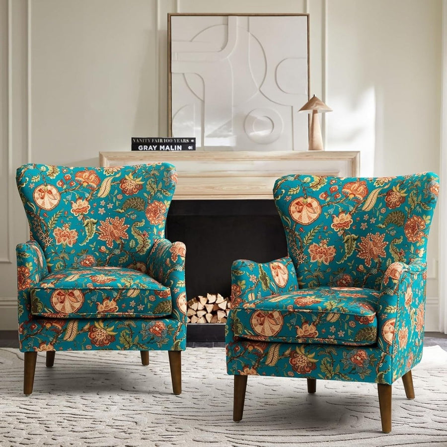 Teal Floral Wingback Armchairs Set of 2 – Classic Lounge Chairs - Kwikley