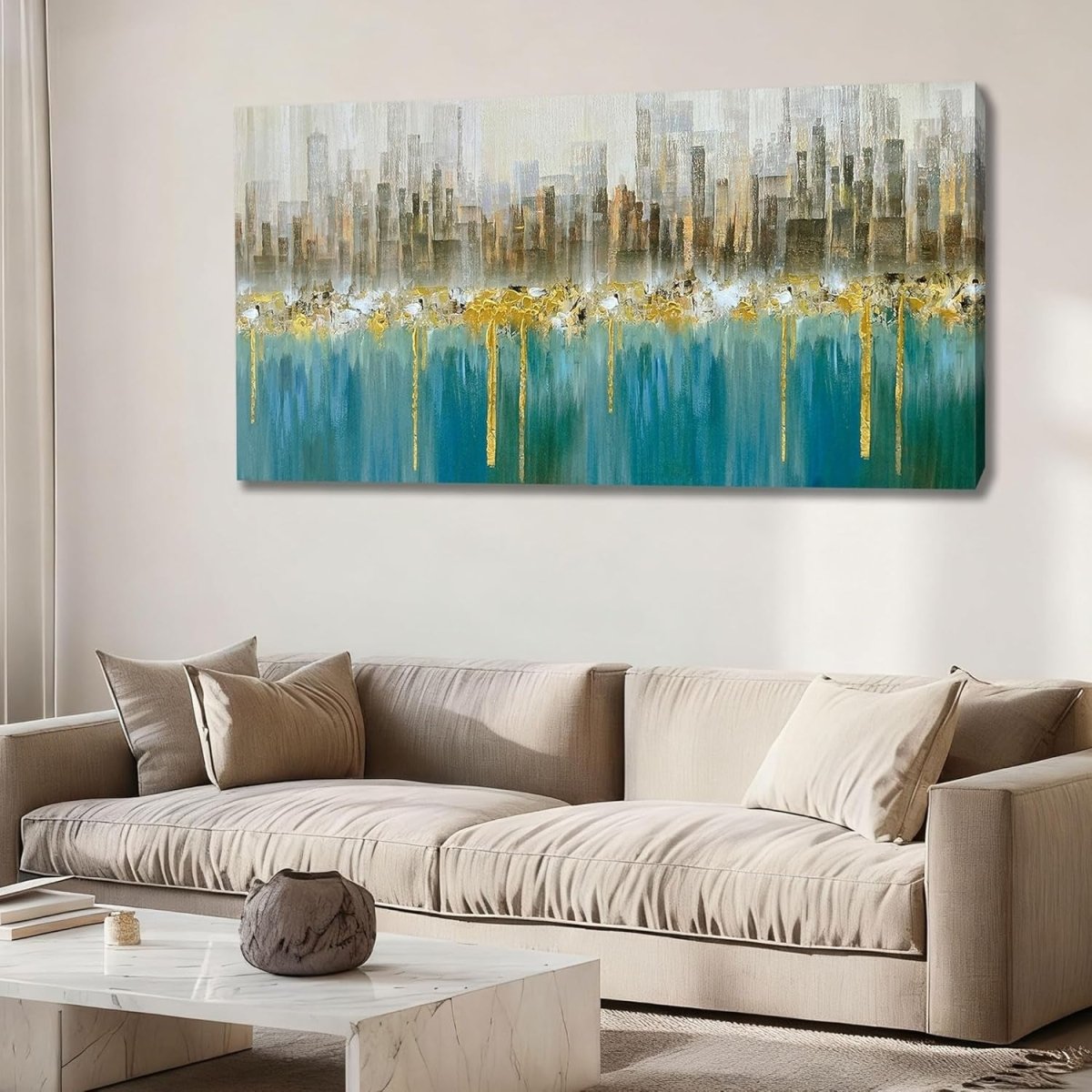 Teal Gold Abstract Canvas Wall Art Skyline Framed 40x20 Large - Kwikley