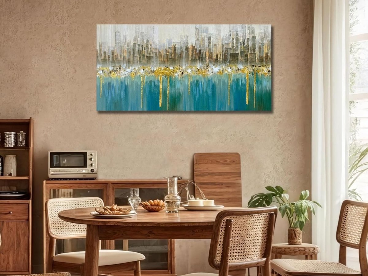 Teal Gold Abstract Canvas Wall Art Skyline Framed 40x20 Large - Kwikley