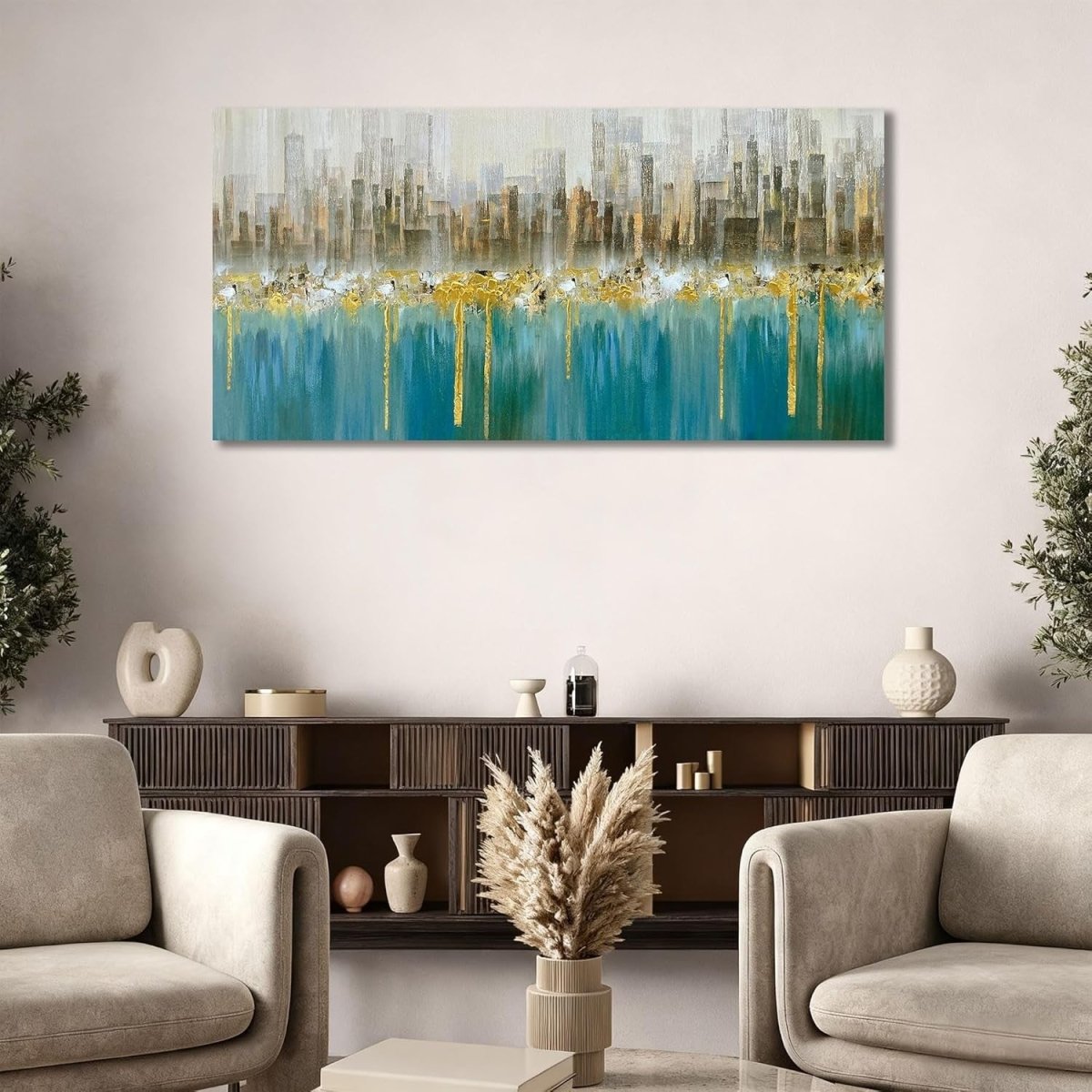 Teal Gold Abstract Canvas Wall Art Skyline Framed 40x20 Large - Kwikley
