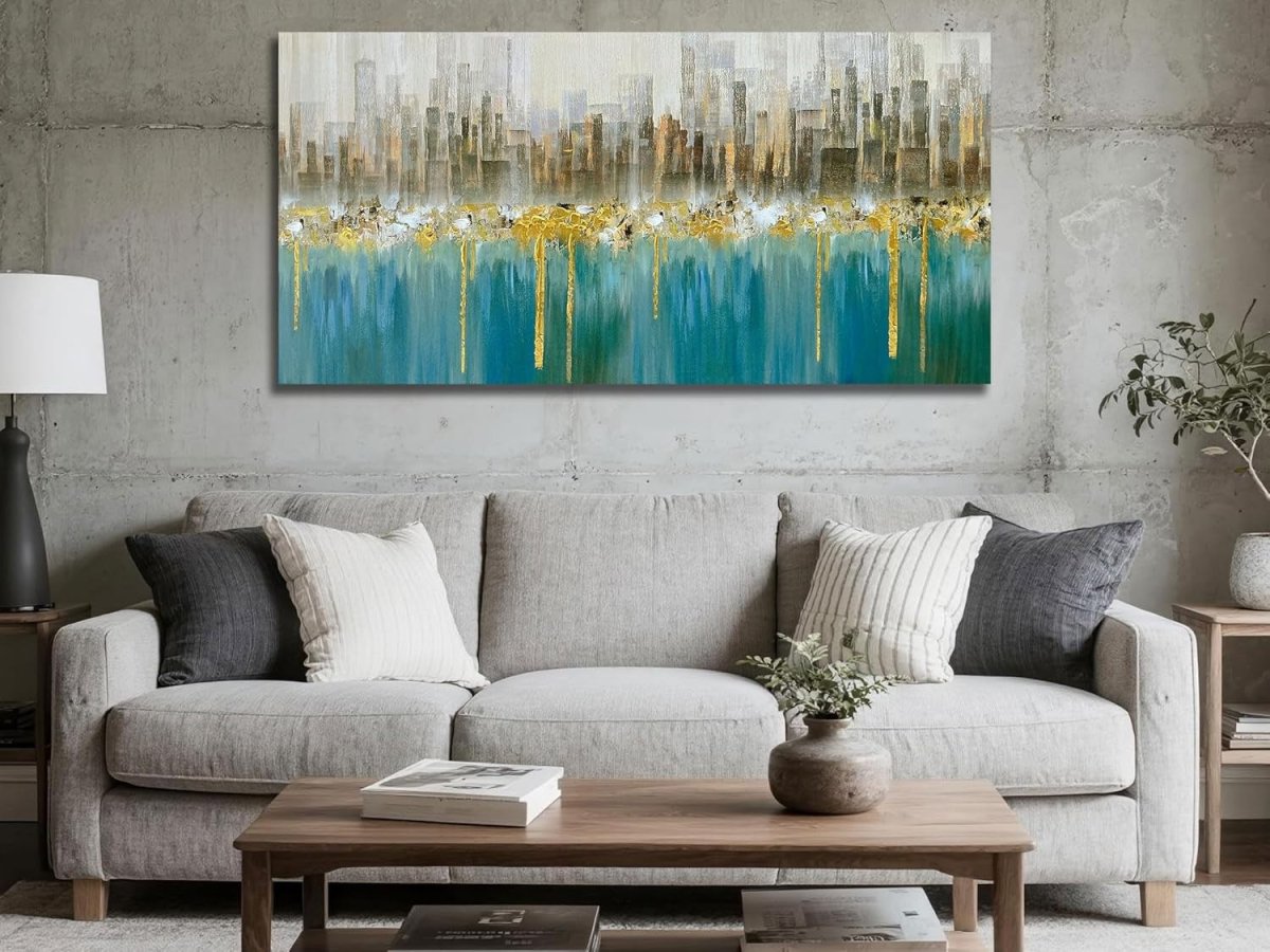 Teal Gold Abstract Canvas Wall Art Skyline Framed 40x20 Large - Kwikley