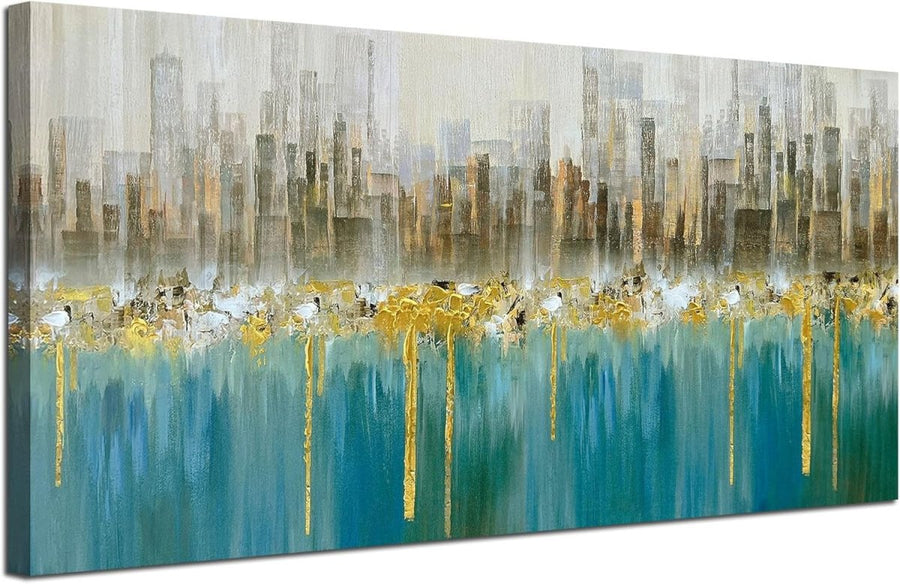 Teal Gold Abstract Canvas Wall Art Skyline Framed 40x20 Large - Kwikley