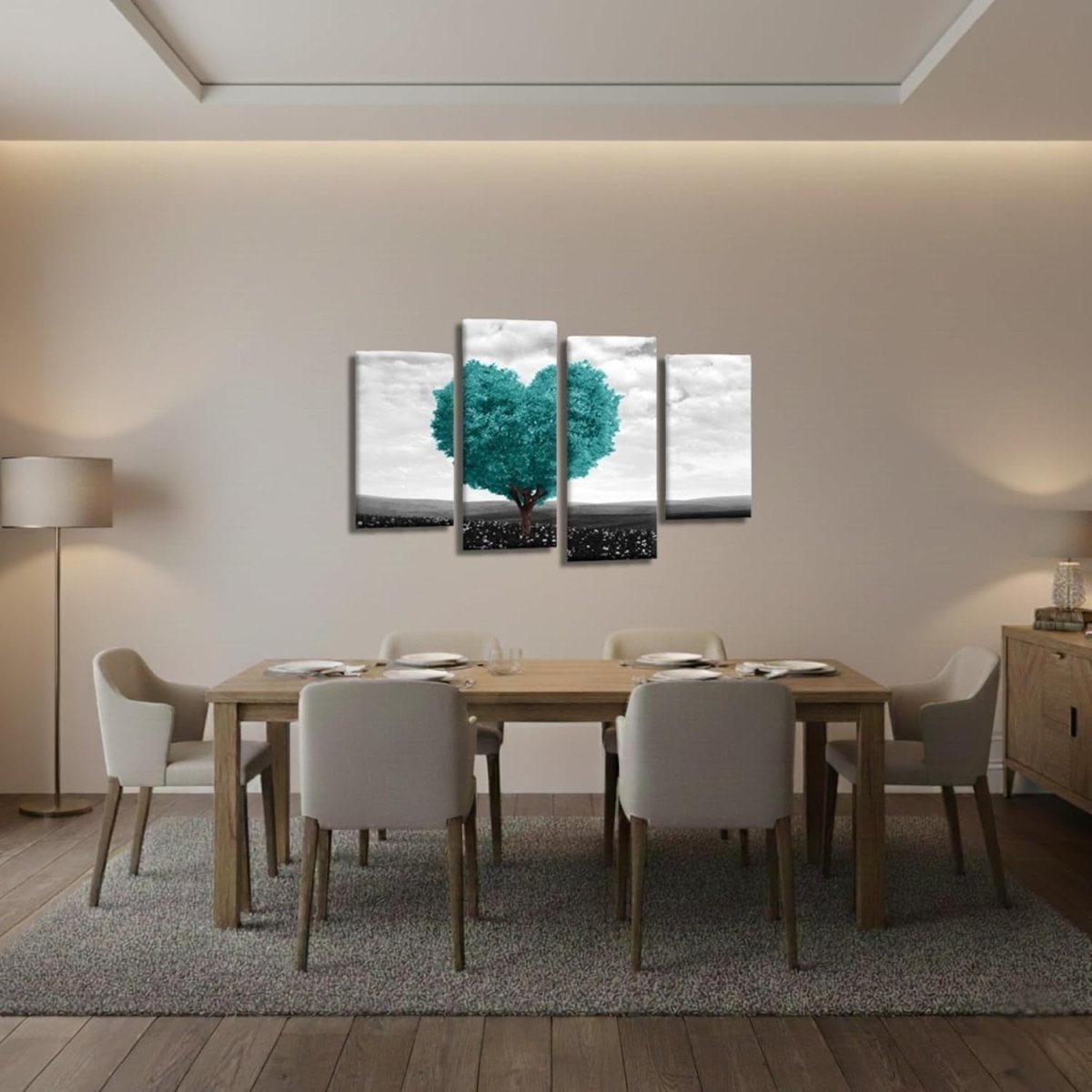 Teal Heart Tree Canvas Wall Art 4 Panel Framed 44x27in - Kwikley