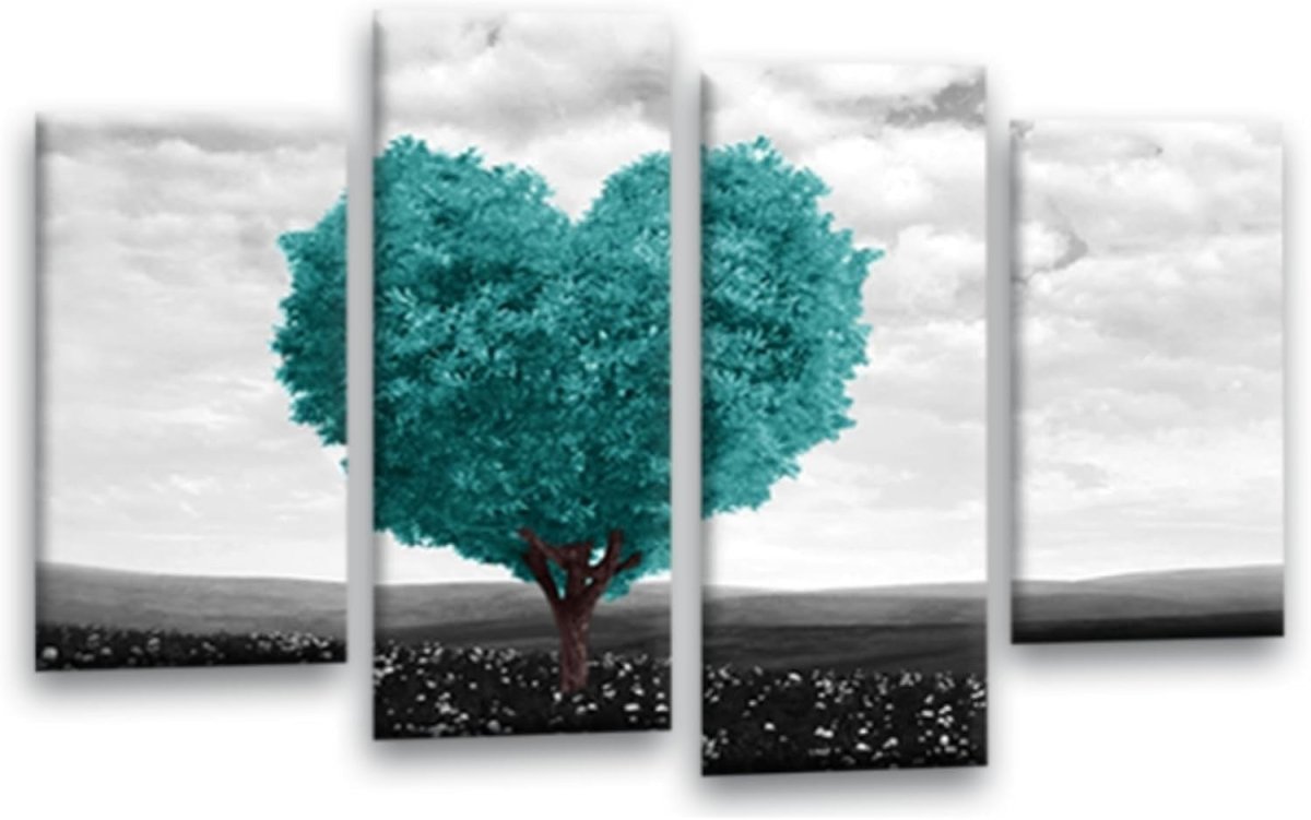 Teal Heart Tree Canvas Wall Art 4 Panel Framed 44x27in - Kwikley