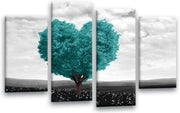 Teal Heart Tree Canvas Wall Art 4 Panel Framed 44x27in - Kwikley