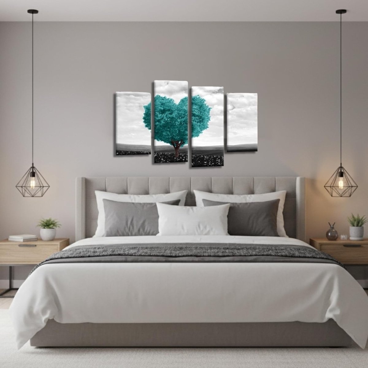Teal Heart Tree Canvas Wall Art 4 Panel Framed 44x27in - Kwikley