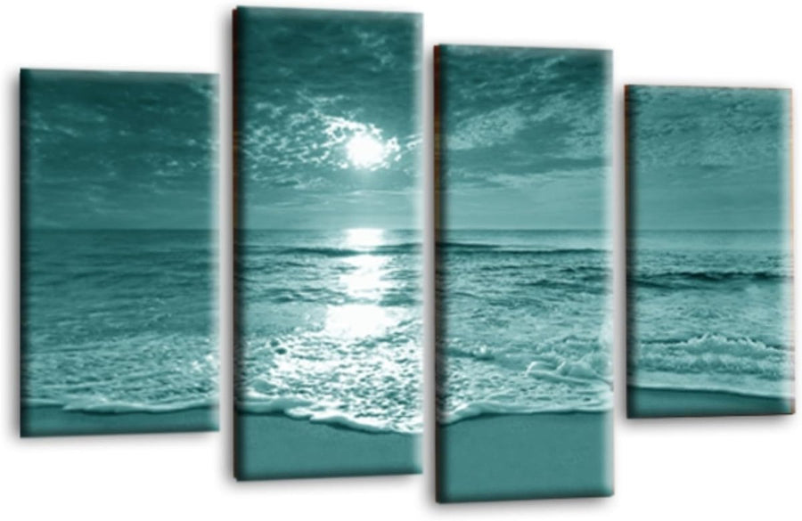 Teal Sunset Beach Canvas Wall Art 4 Panel Framed 111x69cm - Kwikley
