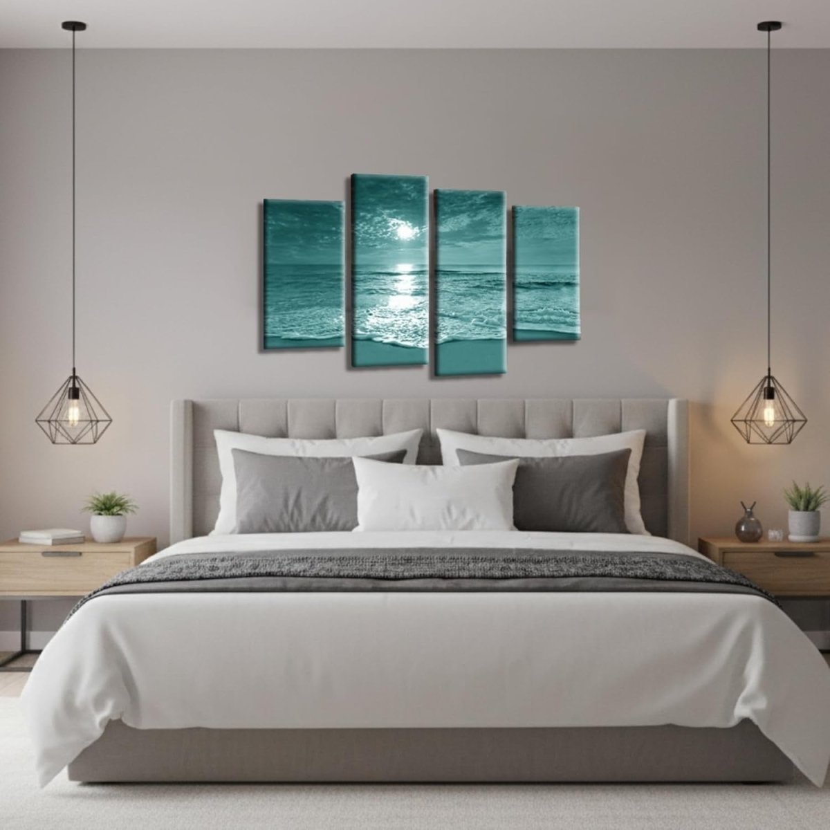 Teal Sunset Beach Canvas Wall Art 4 Panel Framed 111x69cm - Kwikley
