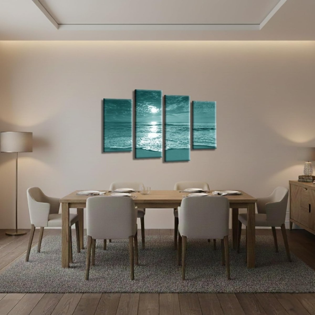Teal Sunset Beach Canvas Wall Art 4 Panel Framed 111x69cm - Kwikley