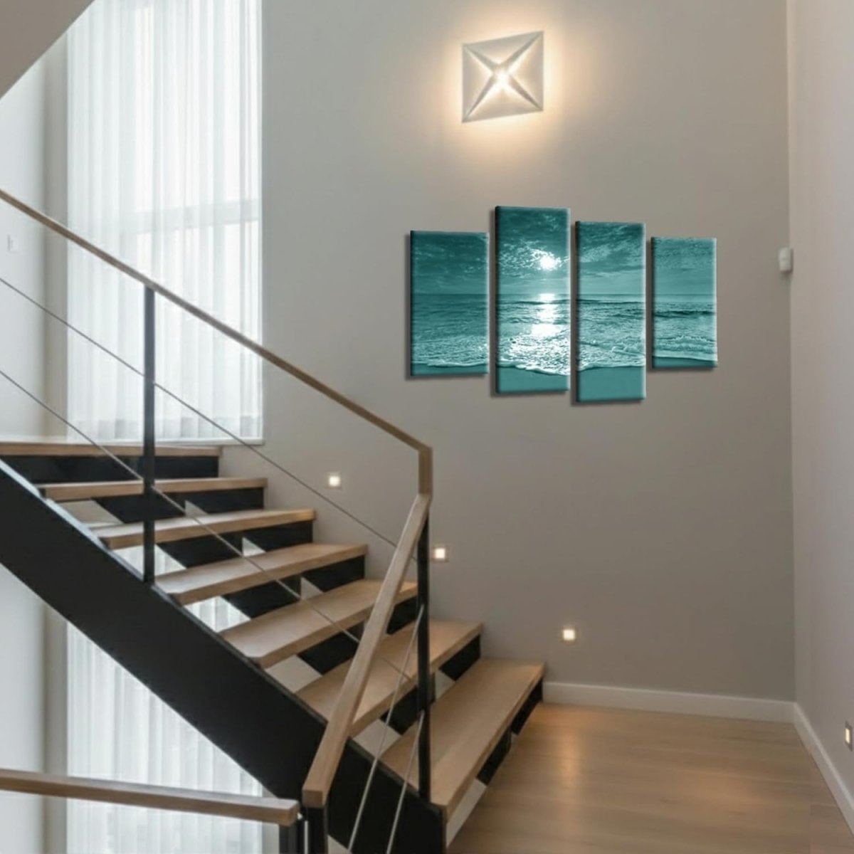 Teal Sunset Beach Canvas Wall Art 4 Panel Framed 111x69cm - Kwikley