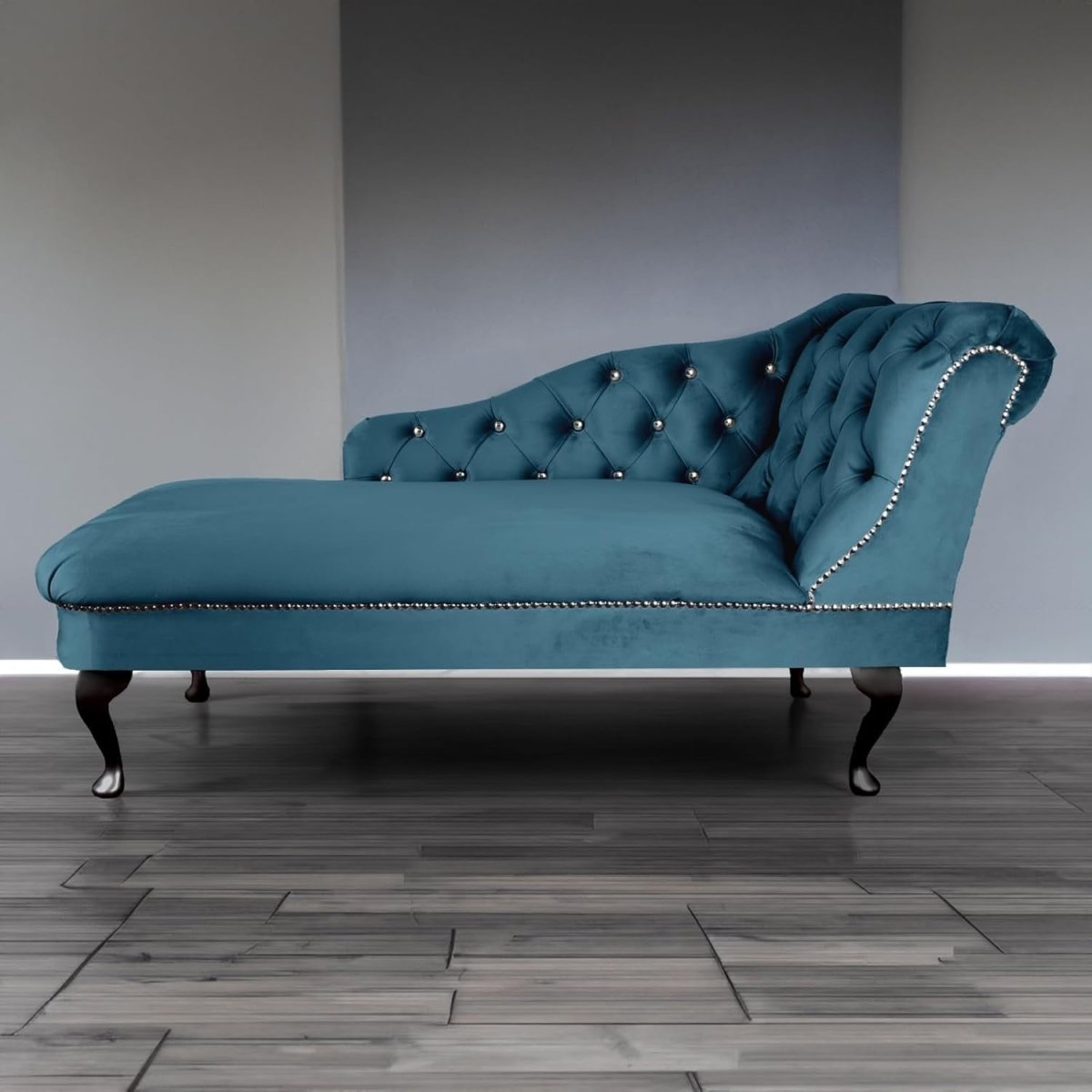 Teal Velvet Chaise Lounge Sofa | Tufted Right-Hand Accent Chair UK Made - Kwikley