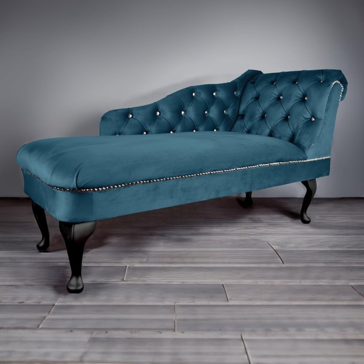 Teal Velvet Chaise Lounge Sofa | Tufted Right-Hand Accent Chair UK Made - Kwikley