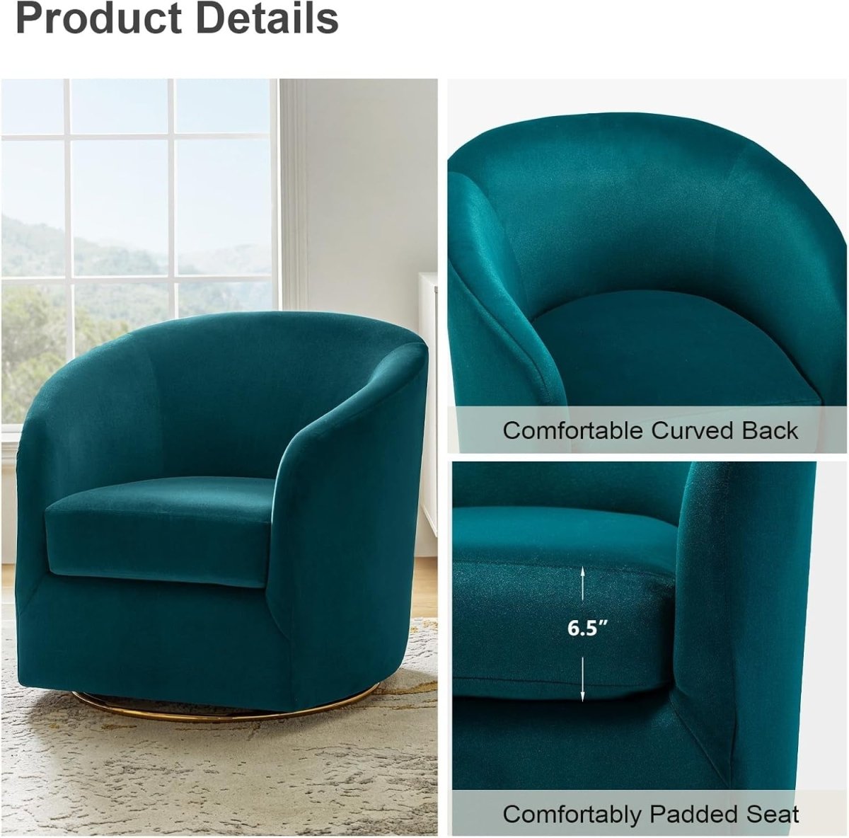 Teal Velvet Swivel Accent Chair with Gold Base – Luxury Barrel Seat - Kwikley