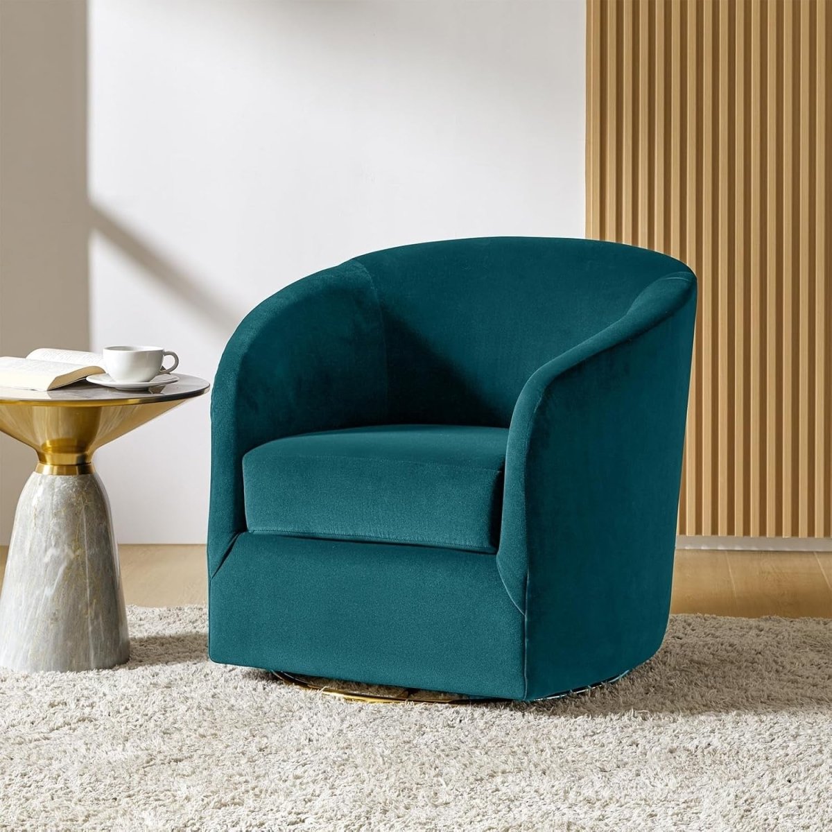 Teal Velvet Swivel Accent Chair with Gold Base – Luxury Barrel Seat - Kwikley