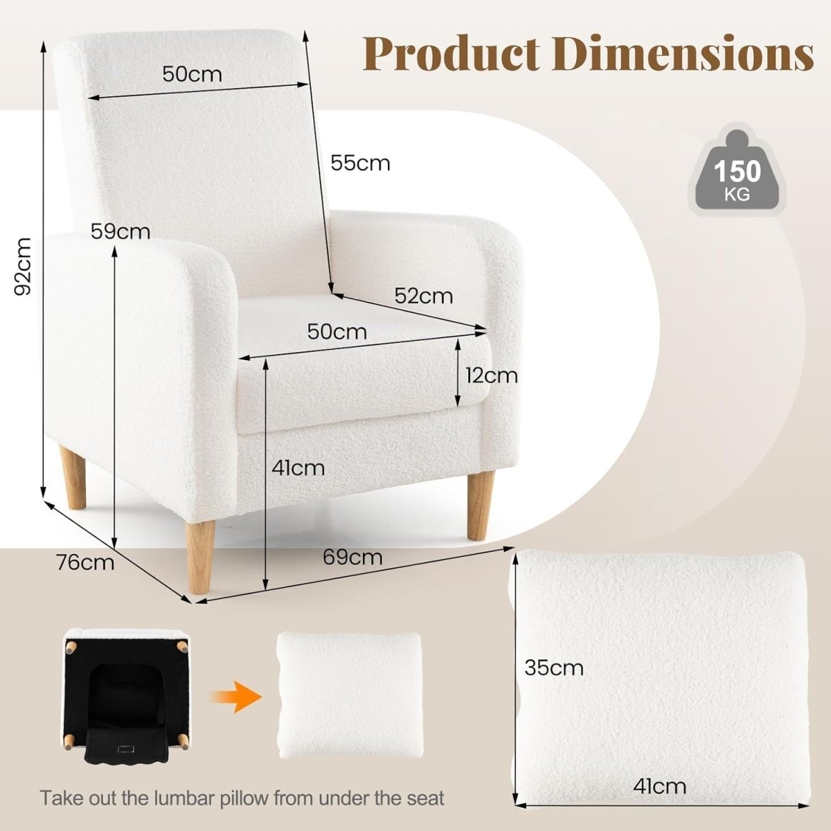 Teddy Fleece Accent Chair Upholstered Armchair Wood Legs White - Kwikley