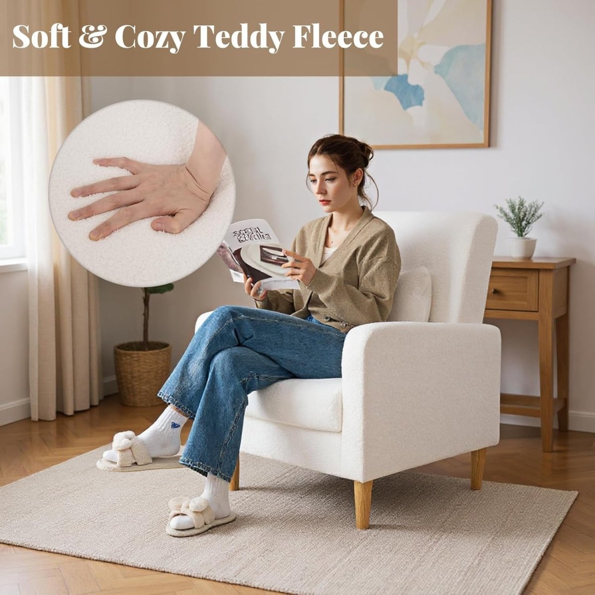 Teddy Fleece Accent Chair Upholstered Armchair Wood Legs White - Kwikley