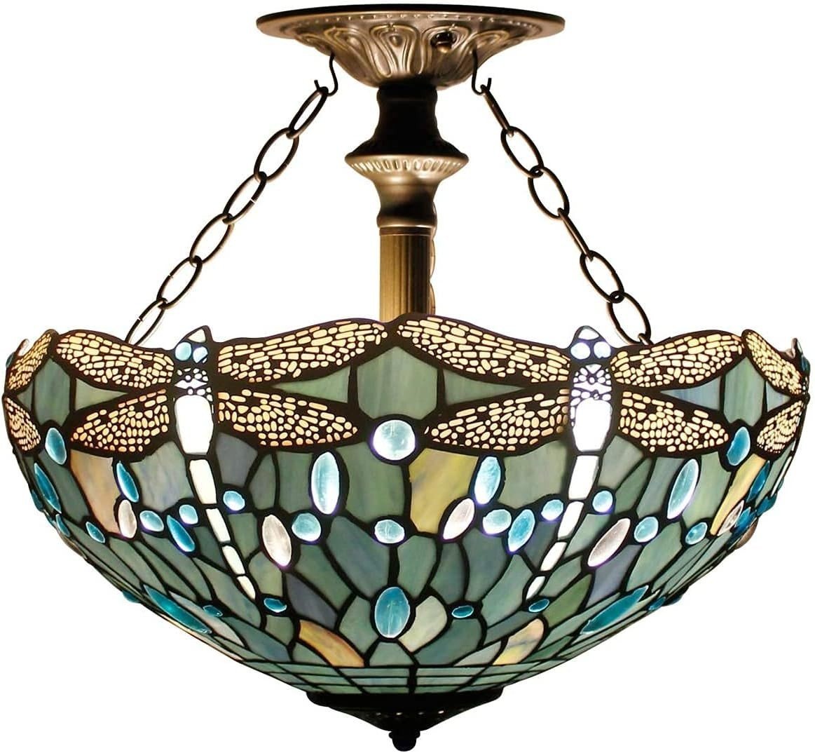 Tiffany Dragonfly Stained Glass Lampshade 16in Sea Blue Pendant Shade - Kwikley