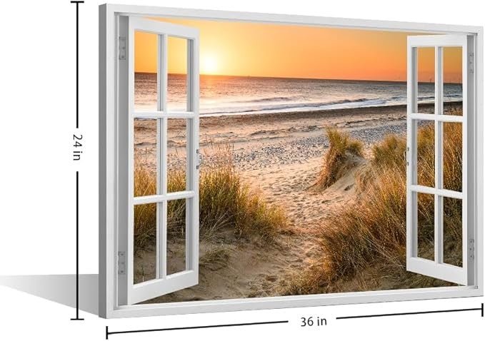 TISHIRON Framed Wall Art 36x24 in Seascape Canvas 3D Fake Window - Kwikley