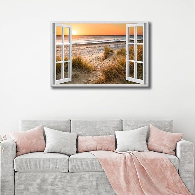 TISHIRON Framed Wall Art 36x24 in Seascape Canvas 3D Fake Window - Kwikley