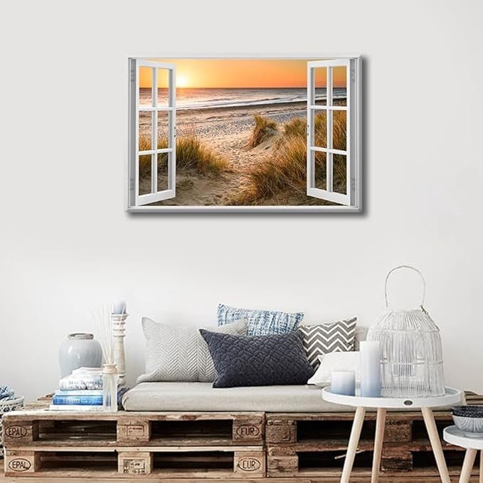 TISHIRON Framed Wall Art 36x24 in Seascape Canvas 3D Fake Window - Kwikley