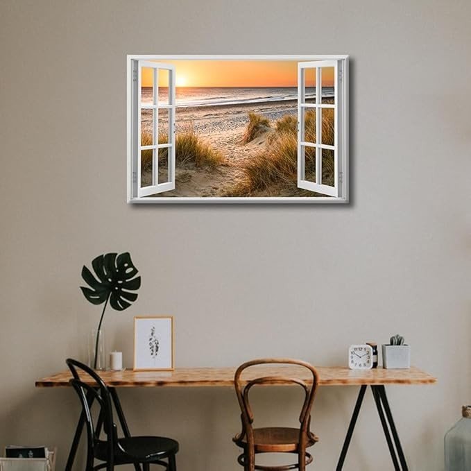 TISHIRON Framed Wall Art 36x24 in Seascape Canvas 3D Fake Window - Kwikley