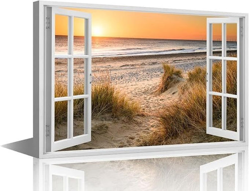 TISHIRON Framed Wall Art 36x24 in Seascape Canvas 3D Fake Window - Kwikley