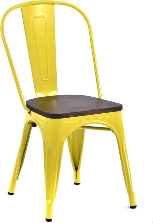 Tolix Style Metal Chair with Timber Seat Stackable Retro Bar Yellow - Kwikley