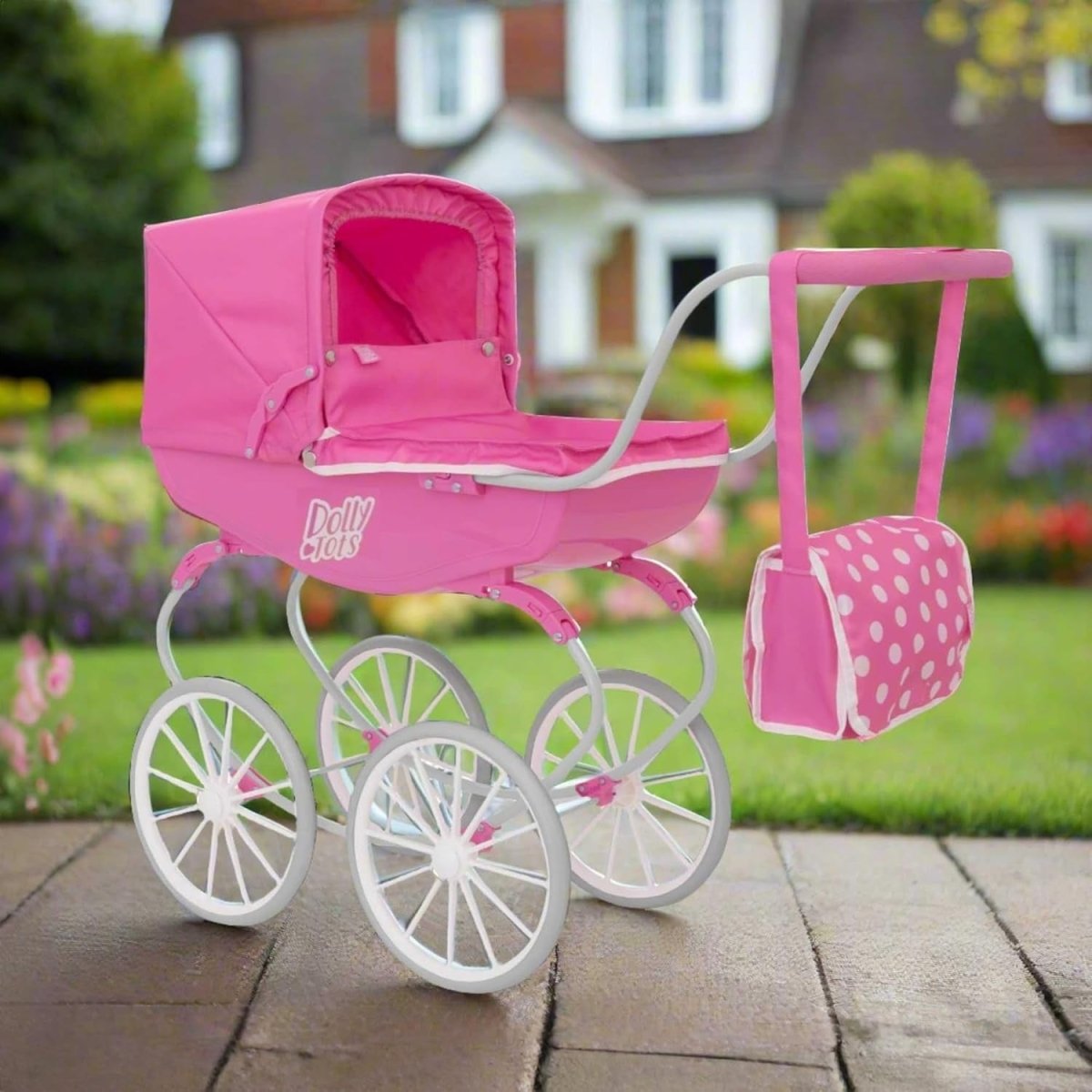 Traditional Dolls Pram Carriage Push Along Toy White Wheels Kids - Kwikley