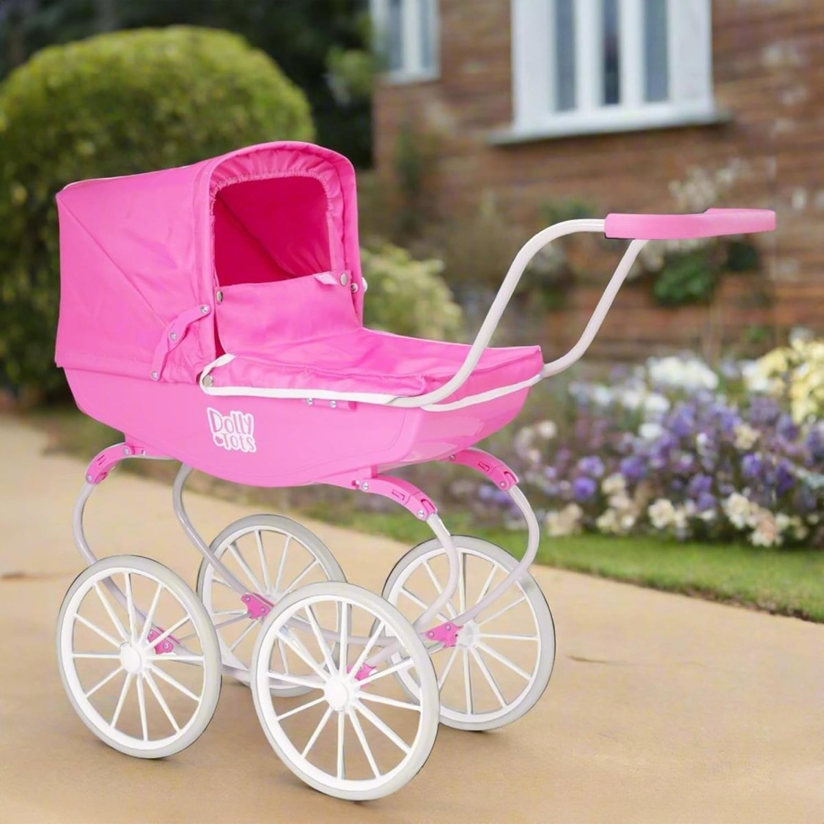 Traditional Dolls Pram Carriage Push Along Toy White Wheels Kids - Kwikley