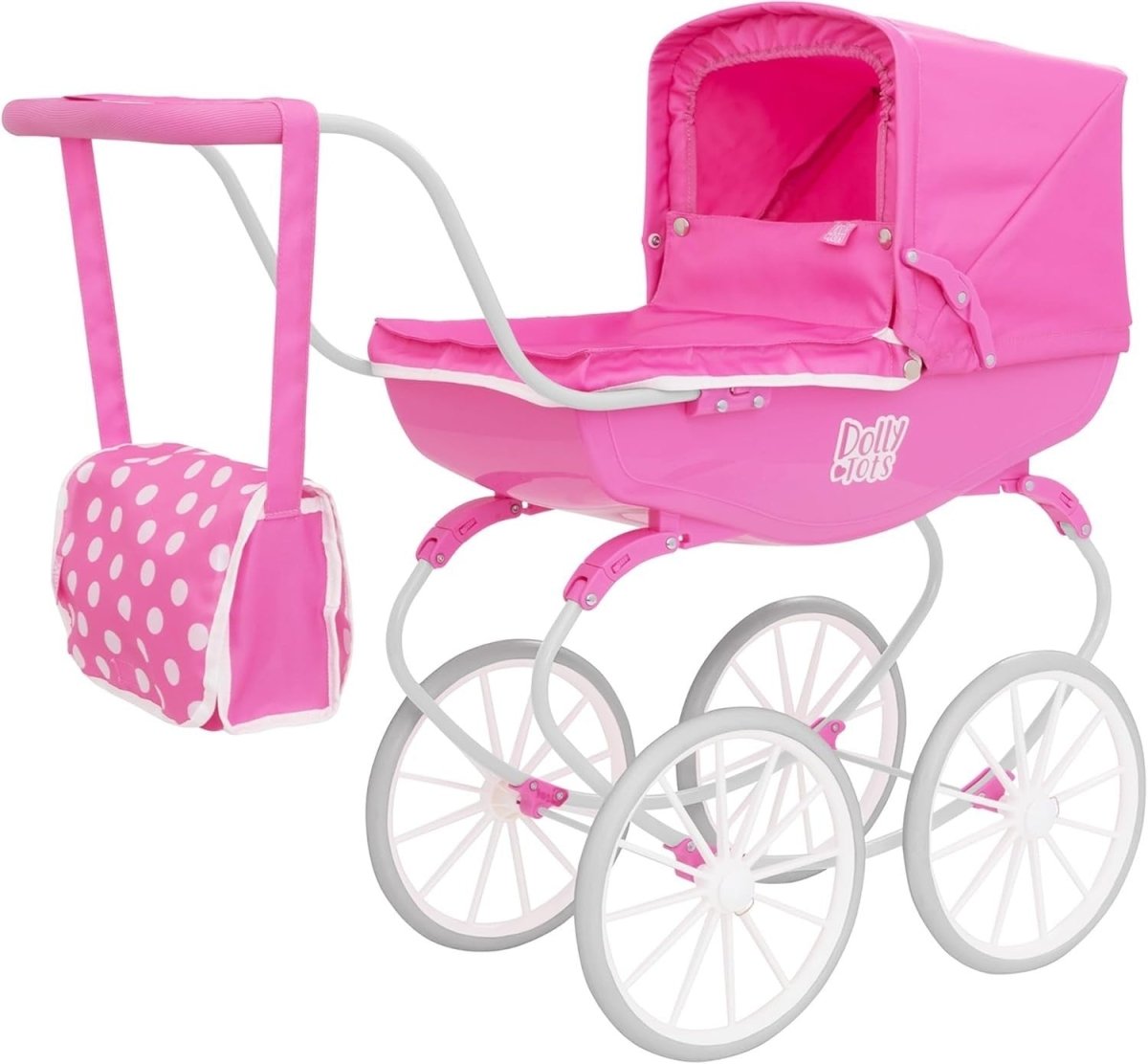 Traditional Dolls Pram Carriage Push Along Toy White Wheels Kids - Kwikley