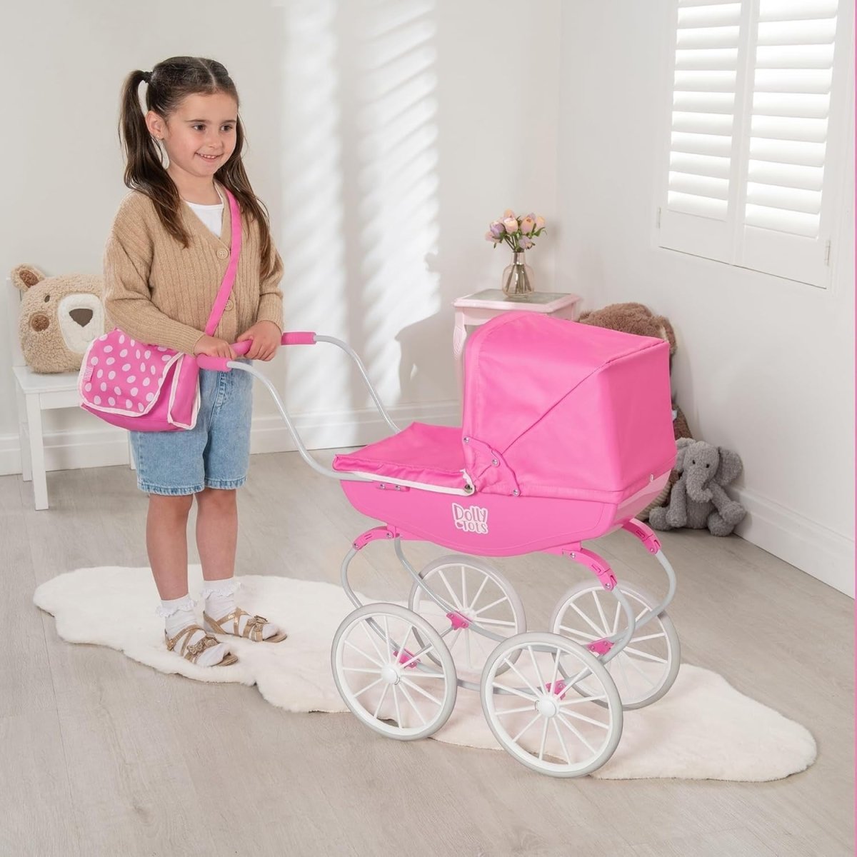 Traditional Dolls Pram Carriage Push Along Toy White Wheels Kids - Kwikley
