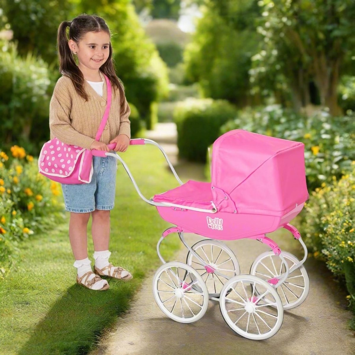 Traditional Dolls Pram Carriage Push Along Toy White Wheels Kids - Kwikley
