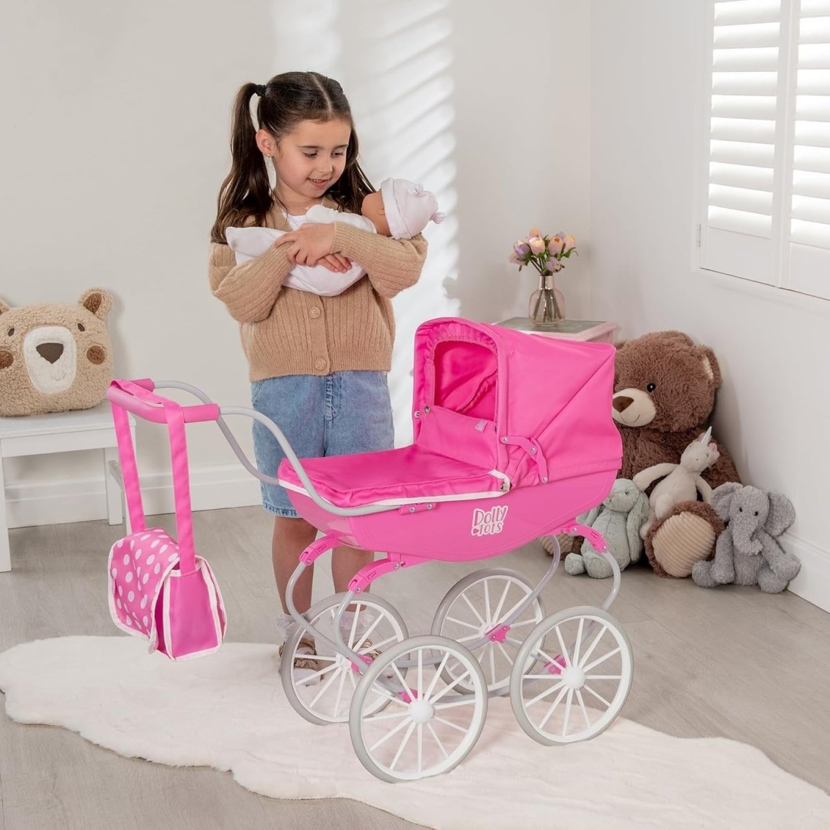 Traditional Dolls Pram Carriage Push Along Toy White Wheels Kids - Kwikley