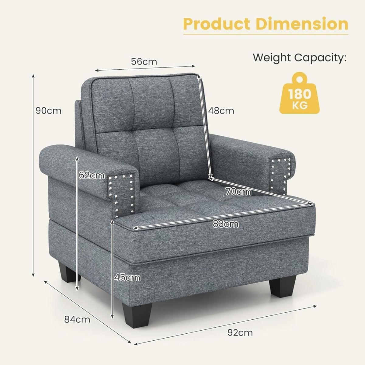 Tufted Accent Chair Linen Armchair Wide Seat Fireside Grey - Kwikley