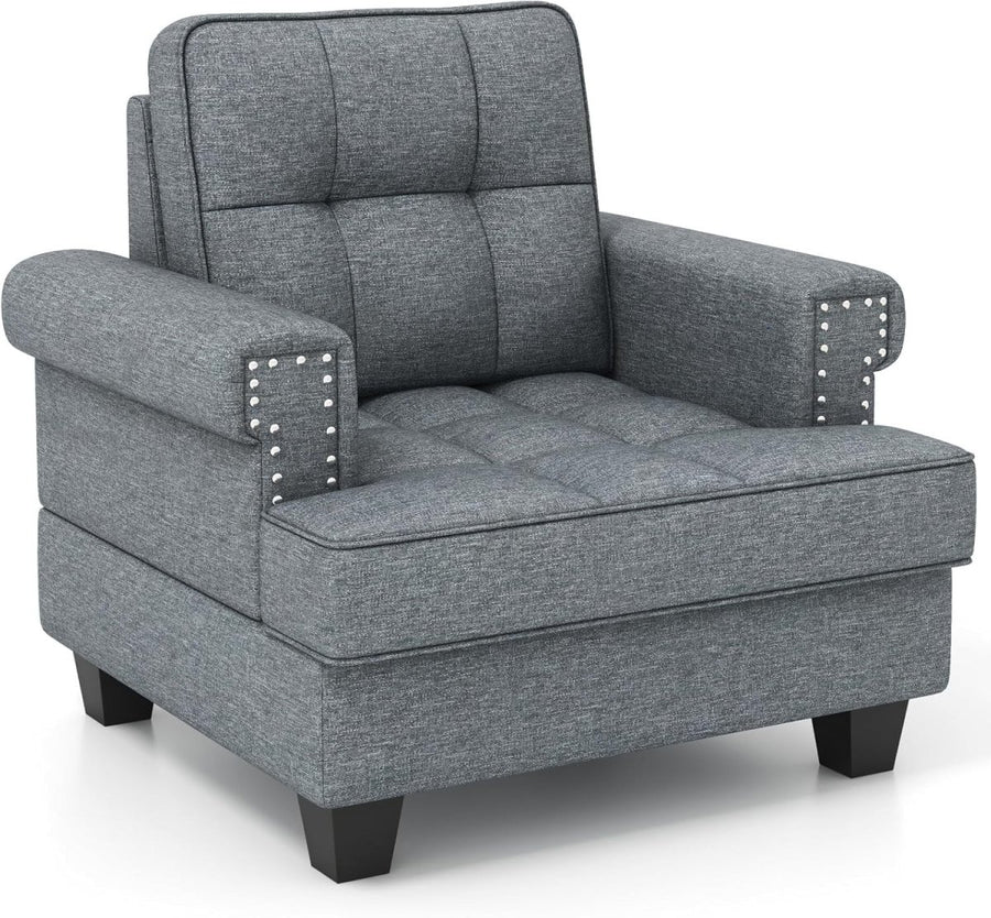 Tufted Accent Chair Linen Armchair Wide Seat Fireside Grey - Kwikley