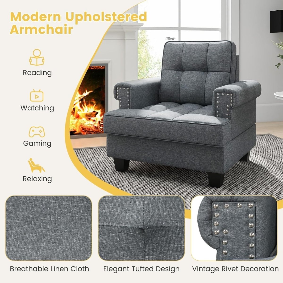 Tufted Accent Chair Linen Armchair Wide Seat Fireside Grey - Kwikley