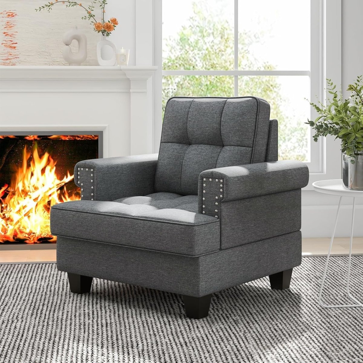 Tufted Accent Chair Linen Armchair Wide Seat Fireside Grey - Kwikley