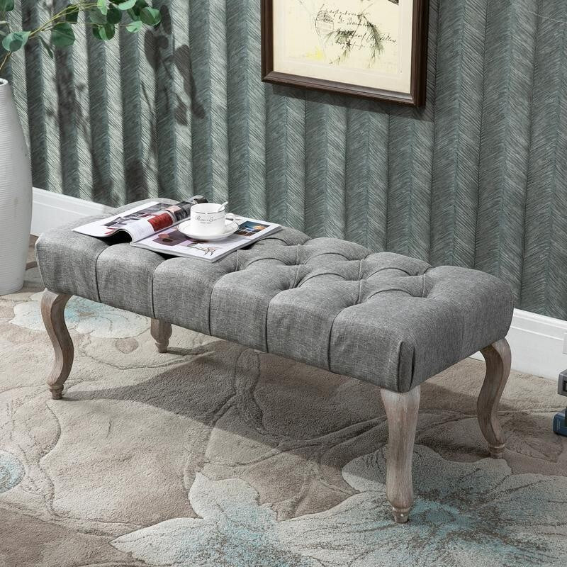 Tufted Fabric Ottoman Bench Seat End Stool Window Accent Chair Grey Wood Legs - Kwikley
