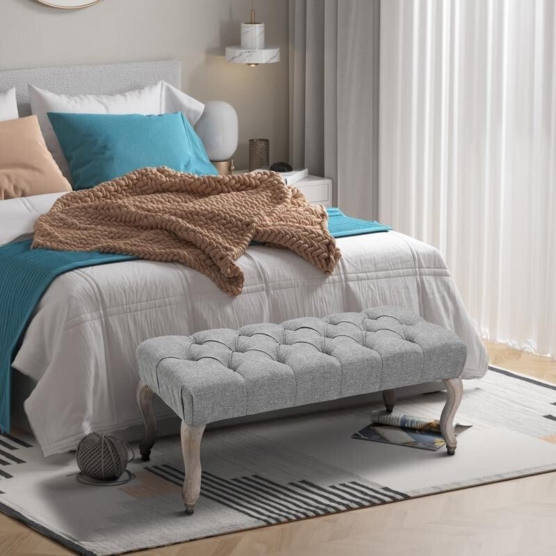 Tufted Fabric Ottoman Bench Seat End Stool Window Accent Chair Grey Wood Legs - Kwikley