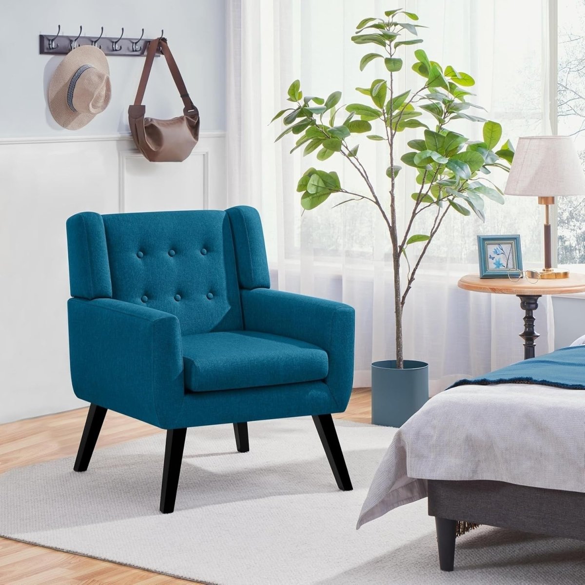 Tufted Navy Blue Armchair with Linen Cushion | Modern Cozy Accent Chair - Kwikley