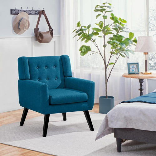 Tufted Navy Blue Armchair with Linen Cushion | Modern Cozy Accent Chair - Kwikley