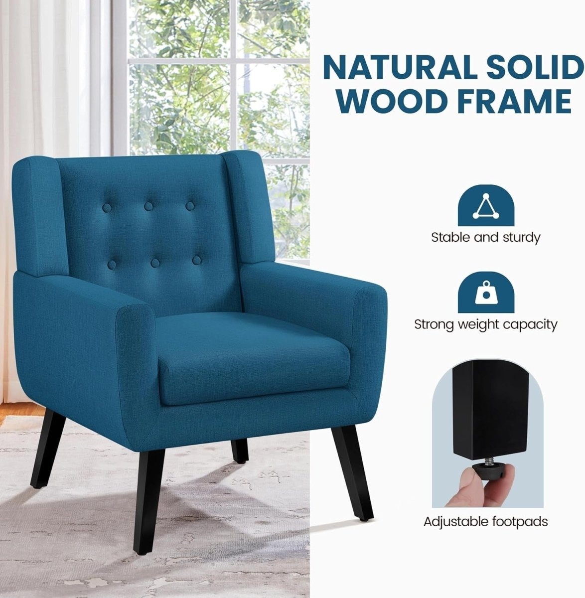 Tufted Navy Blue Armchair with Linen Cushion | Modern Cozy Accent Chair - Kwikley