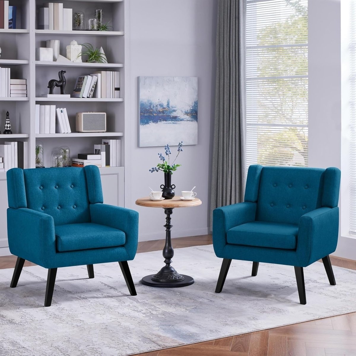 Tufted Navy Blue Armchair with Linen Cushion | Modern Cozy Accent Chair - Kwikley
